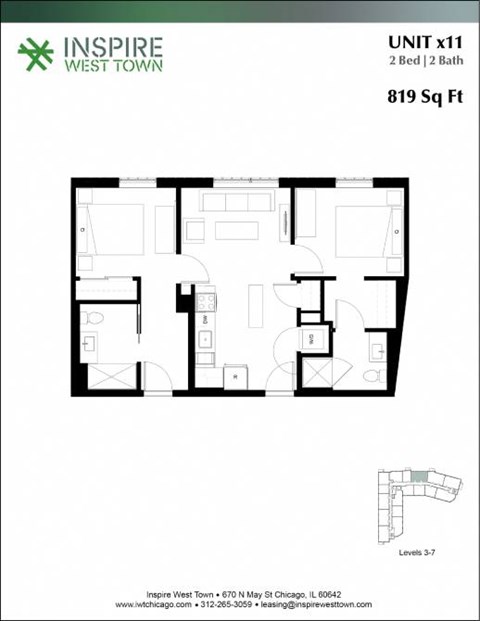 Floor plan for 2 beds, 2 baths, 819 sqft